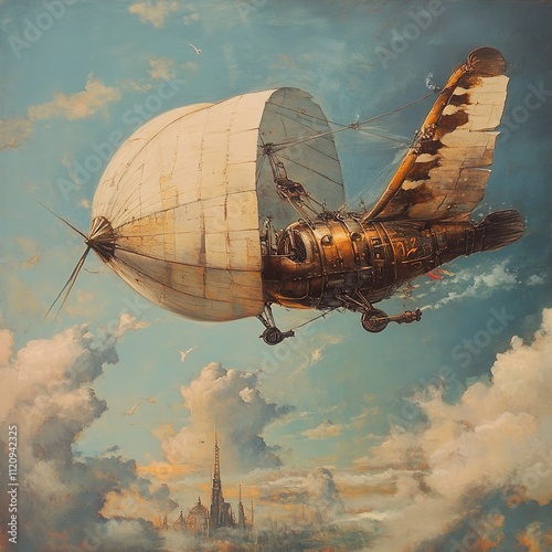 Steampunk Airship Soaring Above Cityscape photo