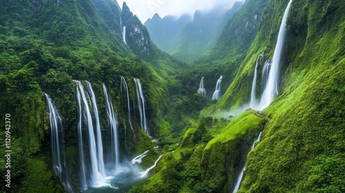 Lush Green Mountains Cascading Waterfalls Nature Scene