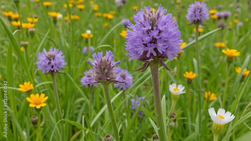 Vibrant Spring Meadow, Purple and Yellow Wildflowers in Bloom, Close-up of Purple Flower Vibrant Spring Meadow, Purple and Yellow Wildflowers in Bloom, Close-up of Purple Flower