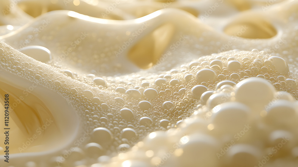 Close-up of creamy, bubbly texture. Soft, warm light illuminates the surface, highlighting the glistening bubbles and smooth, undulating form. Close-up of creamy, bubbly texture. Soft, warm light illuminates the surface, highlighting the glistening bubbles and smooth, undulating form.