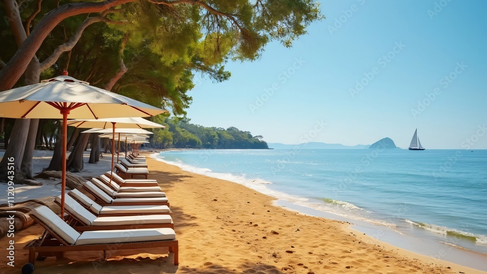 Fototapeta premium Serene Beach Scene, Lounge Chairs, Umbrellas, and Calm Blue Waters - Perfect Summer Vacation