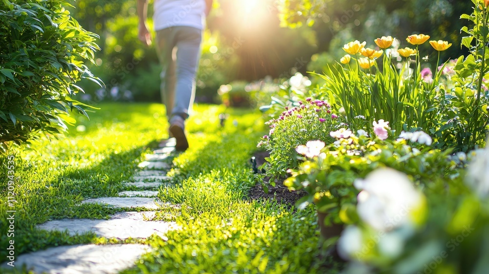 Sunlit garden scene with a stone path surrounded by vibrant blooms, offering a perfect moment of relaxation and nature therapy on a peaceful Sunday morning.