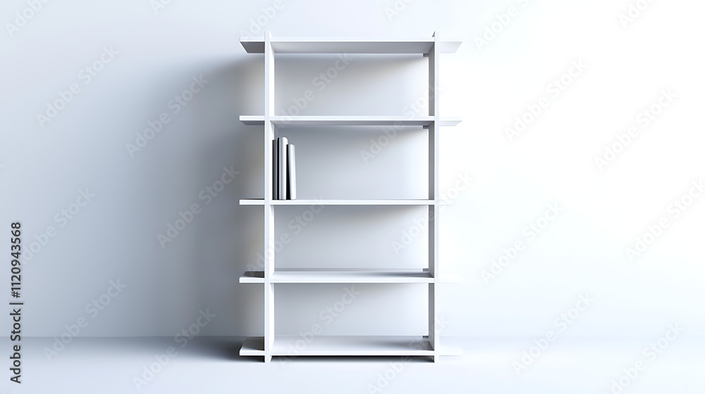 A white bookshelf with five shelves and a book on the top shelf A white bookshelf with five shelves and a book on the top shelf