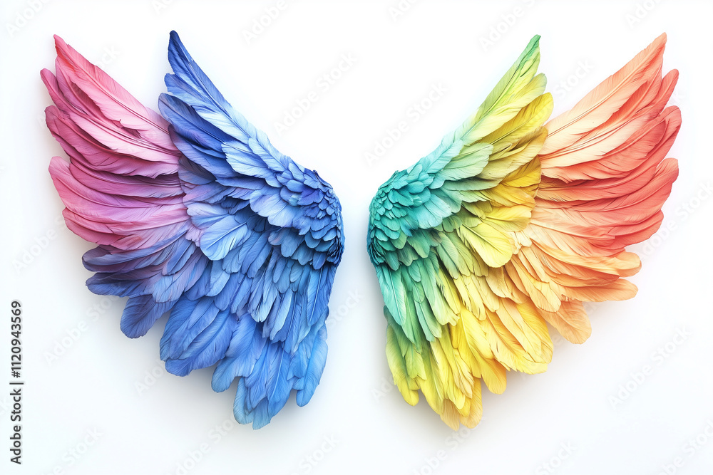 Fototapeta premium Colorful rainbow angel wings isolated on a white background