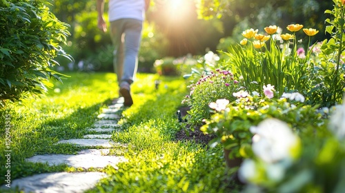 Obraz na płótnie Sunlit garden scene with a stone path surrounded by vibrant blooms, offering a perfect moment of relaxation and nature therapy on a peaceful Sunday morning. w salonie