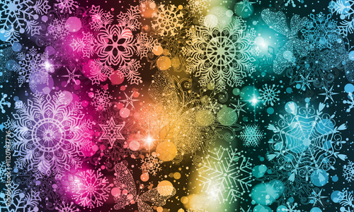 Vector seamless rainbow winter pattern with snowflakes and stars and spots and bokeh