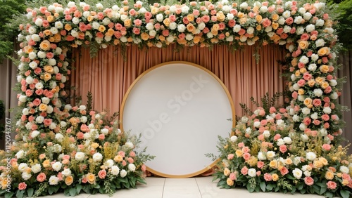Wedding Floral Backdrop, Peach, Pink & White Roses, Circular Frame, Lush Flower Arrangement