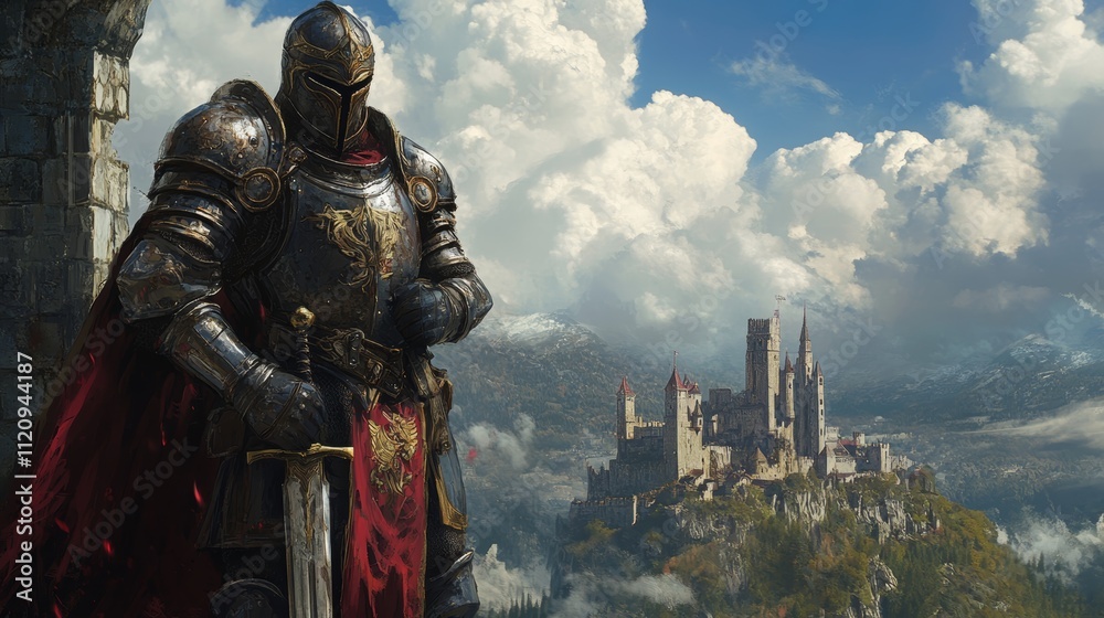 Naklejka premium Knight in full armor with a sword, standing confidently in a medieval landscape with a castle and cloudy sky