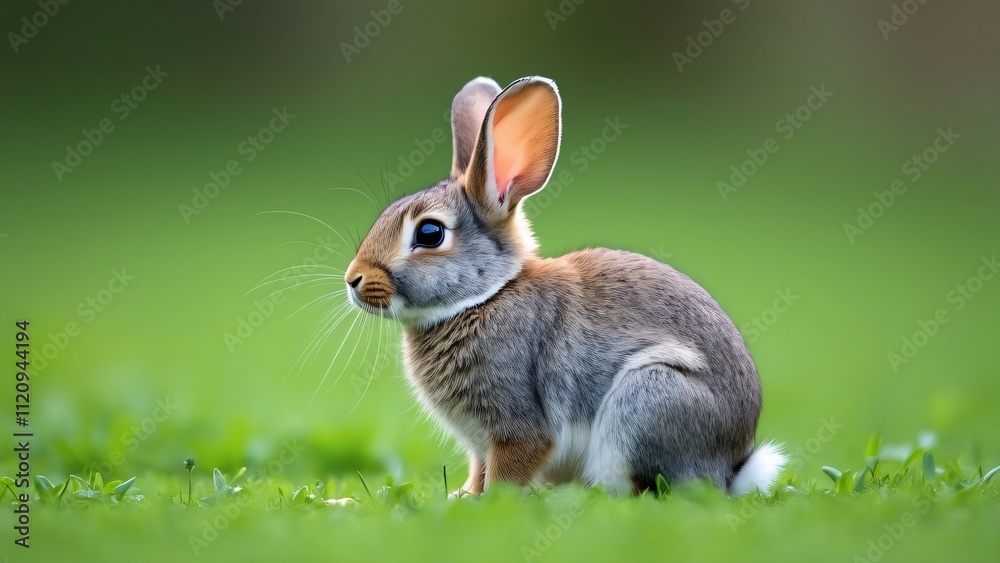 Adorable Gray Rabbit Sitting on Green Grass, High-Resolution Close-up Photo Adorable Gray Rabbit Sitting on Green Grass, High-Resolution Close-up Photo