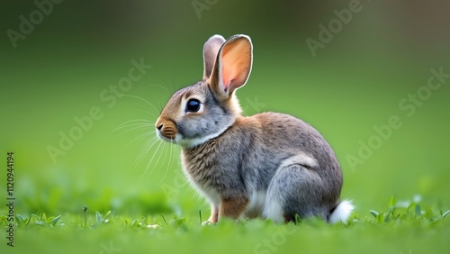 Adorable Gray Rabbit Sitting on Green Grass, High-Resolution Close-up Photo photo