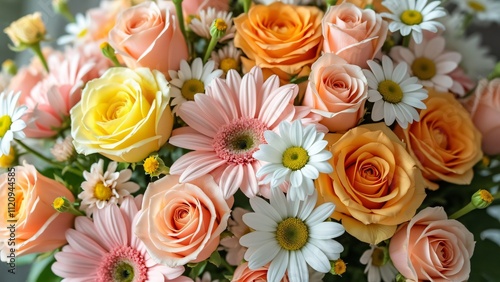Pastel Roses & Daisies Bouquet, Soft Pink, Yellow, Orange Flowers