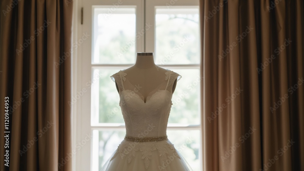 Elegant Lace Wedding Dress on Mannequin, Hanging Near Window with Brown Curtains - Bridal Fashion Photography Elegant Lace Wedding Dress on Mannequin, Hanging Near Window with Brown Curtains - Bridal Fashion Photography