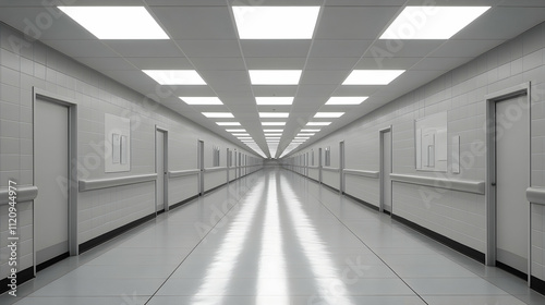 Long, bright corridor with evenly spaced doors and ceiling lights.