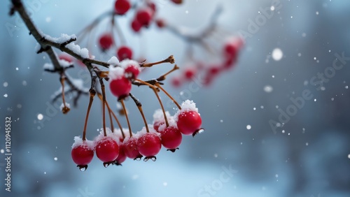 Stunning Close-Up, Snow-Covered Red Berries in Winter Wonderland -  photo