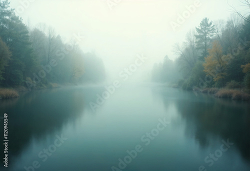 The scenery on both sides of the river in the morning fog 