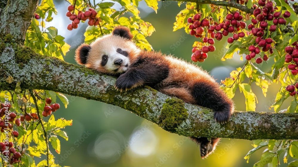Fototapeta premium A cute panda cub lounging on a tree branch surrounded by vibrant red berries.