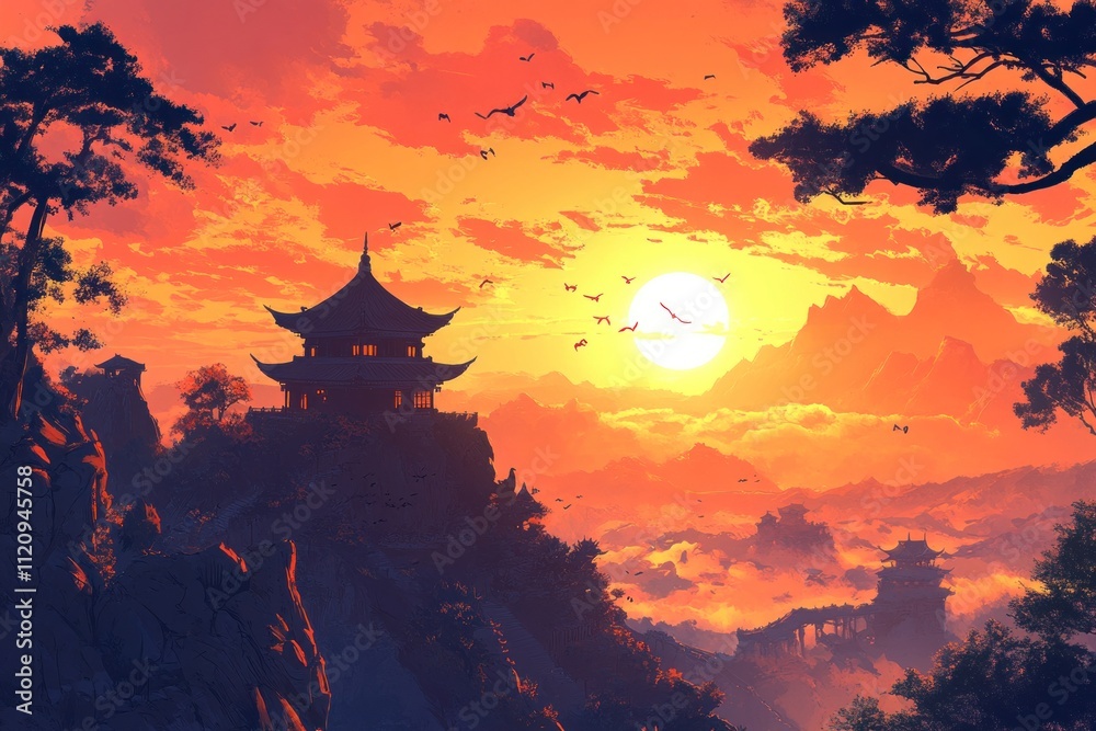 Asian Temple Silhouette Sunset Mountain Landscape