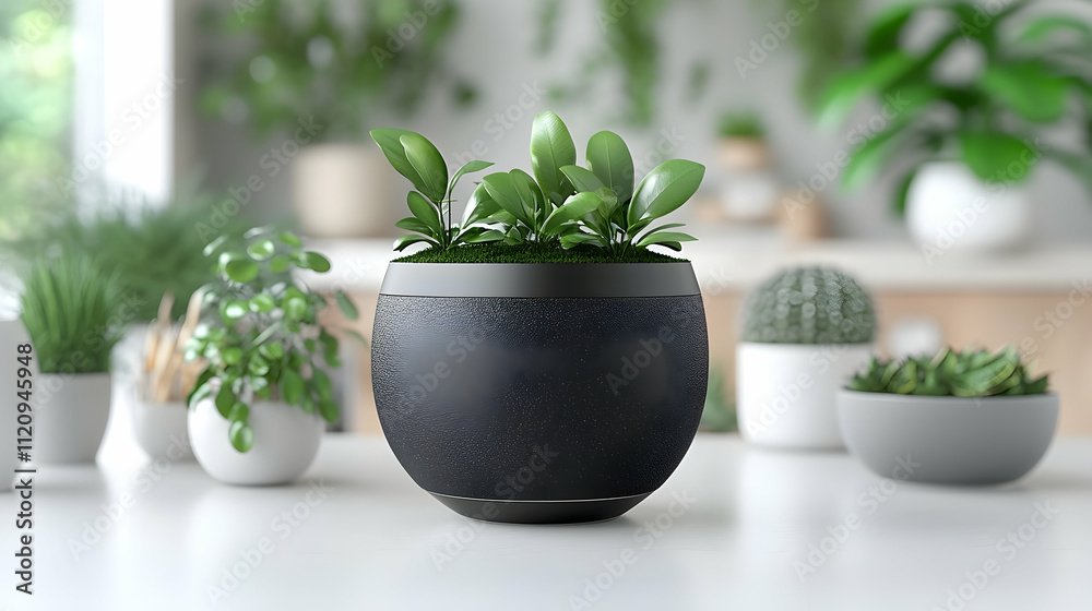 Lush green plant in a dark round pot on a white table, surrounded by other plants. Lush green plant in a dark round pot on a white table, surrounded by other plants.