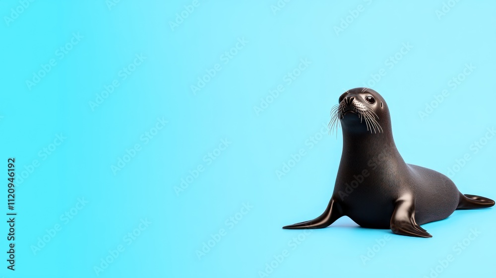 Fototapeta premium A seal resting on a smooth surface against a blue background.