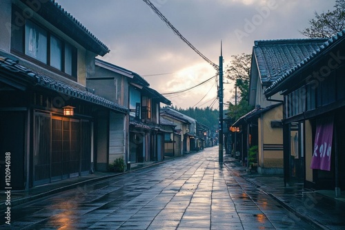 A serene, rainy street scene in a traditional Japanese town.