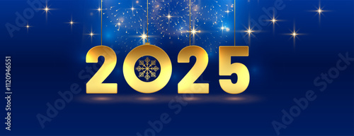 hanging golden 2025 new year banner with text space