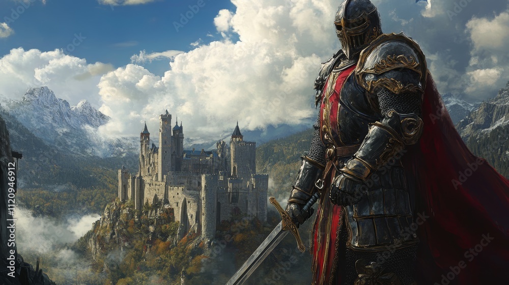Naklejka premium Knight in full armor with a sword, standing confidently in a medieval landscape with a castle and cloudy sky