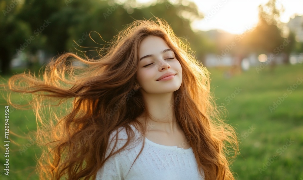 A serene young woman enjoying nature with flowing hair. A serene young woman enjoying nature with flowing hair.