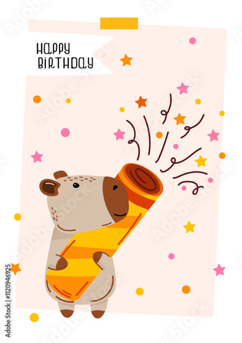 Happy Birthday card. Cute capybara with a party popper and confetti is ideal for invitation, card, or festive design