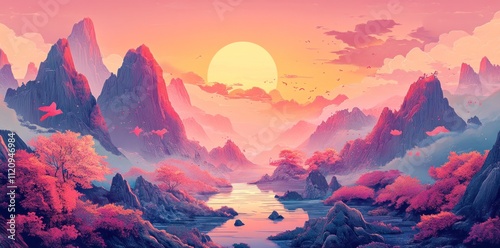 Serene Sunset Over Pink Mountains and River