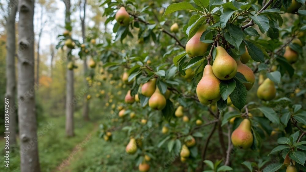Abundant Autumn Pears, Ripe Fruit on Tree in Forest Trail Abundant Autumn Pears, Ripe Fruit on Tree in Forest Trail