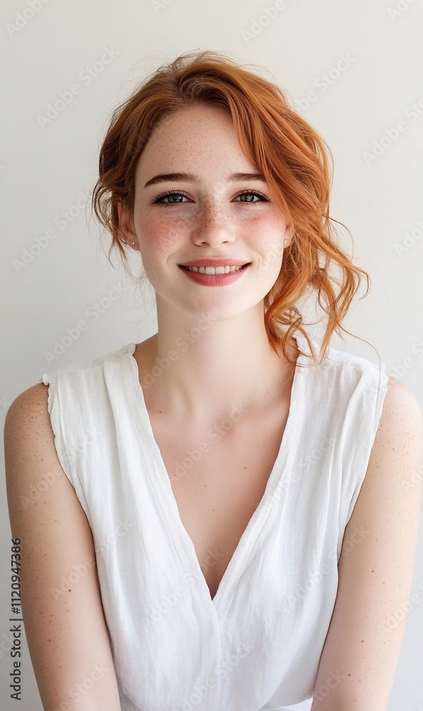 A smiling young woman with red hair in a white outfit. A smiling young woman with red hair in a white outfit.