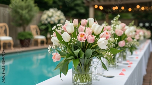 Romantic Poolside Wedding Reception, Elegant White & Pink Tulip & Rose Table Decor