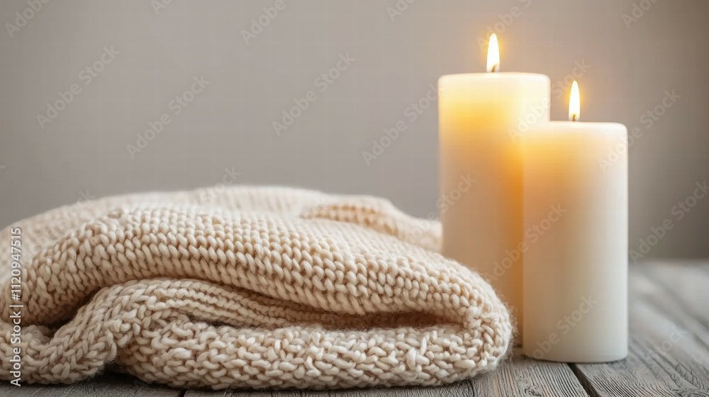 Close-up of cozy candlelit setting with knitted blanket warm lifestyle photography Close-up of cozy candlelit setting with knitted blanket warm lifestyle photography