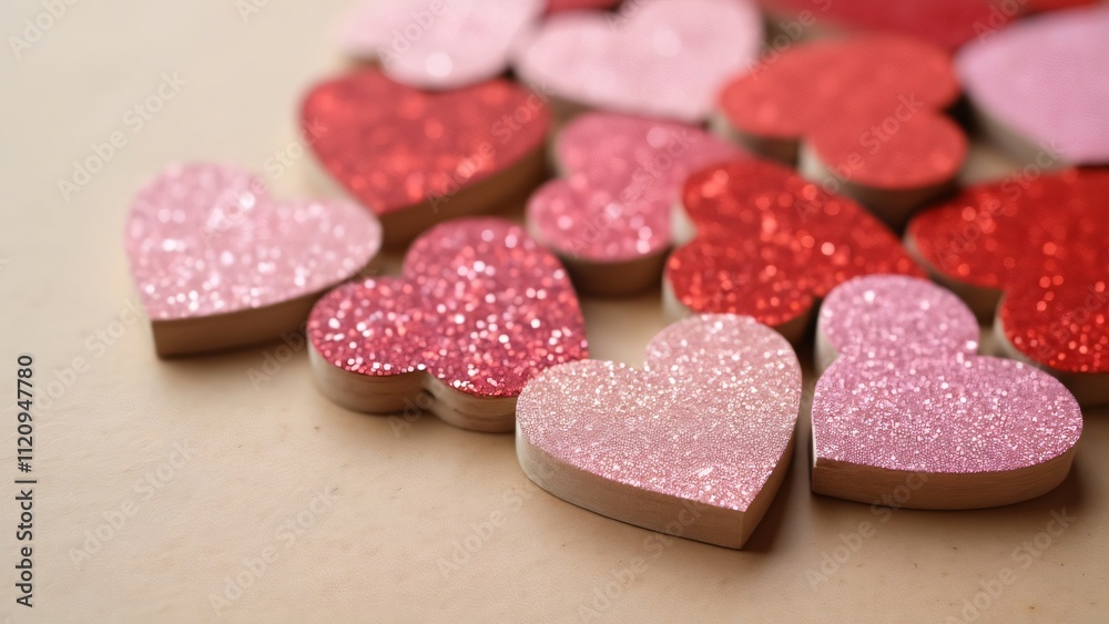 Close-up of Glittery Valentine's Hearts, Pink and Red Wooden Heart Stickers on Beige Background Close-up of Glittery Valentine's Hearts, Pink and Red Wooden Heart Stickers on Beige Background