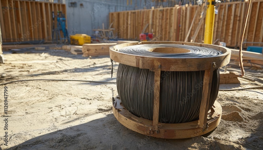 A large spool of wire on a construction site, surrounded by materials. A large spool of wire on a construction site, surrounded by materials.