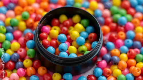 Colorful Beads in Black Container, Vibrant Round Beads Arranged Symmetrically, Close-Up View of Multicolored Plastic Beads