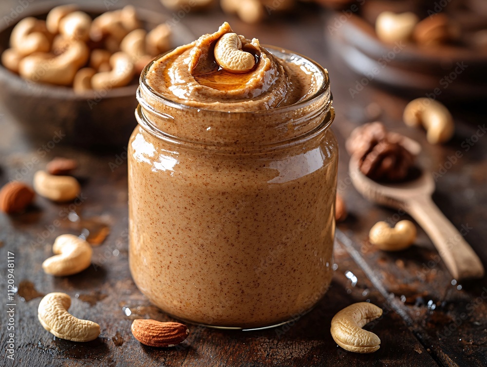 A creamy jar of nut butter topped with cashews, surrounded by almonds and whole nuts on a rustic surface. A creamy jar of nut butter topped with cashews, surrounded by almonds and whole nuts on a rustic surface.