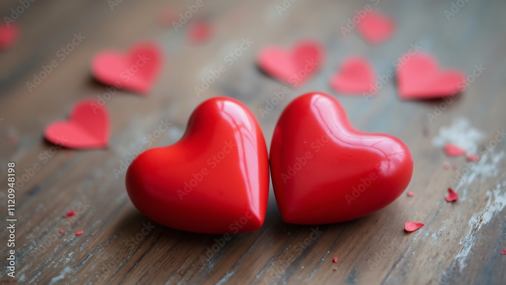 Romantic Valentine's Day Concept, Two Red Hearts on Wooden Table, Stock Photo for Commercial Use