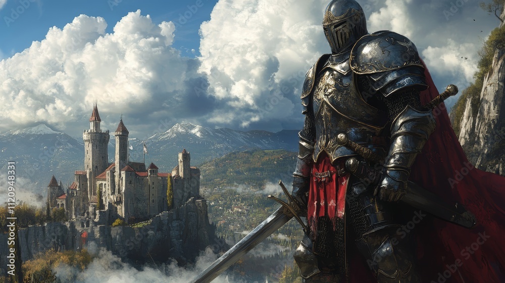 Naklejka premium Knight in full armor with a sword, standing confidently in a medieval landscape with a castle and cloudy sky