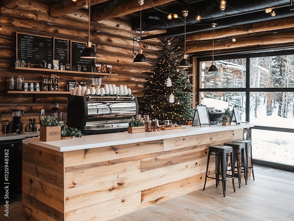 Rustic coffee shop with log decor, holiday lights, and snowy surroundings, log cabin coffee shop, inviting, cozy Rustic coffee shop with log decor, holiday lights, and snowy surroundings, log cabin coffee shop, inviting, cozy