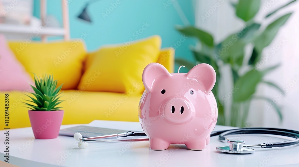 Pink Piggy Bank with Stethoscope and Green Plant in Modern Living Room Interior, Symbolizing Health and Financial Wellbeing Concepts for Wellness Promotion Pink Piggy Bank with Stethoscope and Green Plant in Modern Living Room Interior, Symbolizing Health and Financial Wellbeing Concepts for Wellness Promotion
