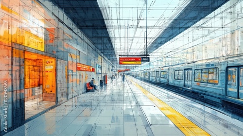 Fototapeta Naklejka Na Ścianę i Meble -  Subway station blueprint overlaid with roller paint urban setting digital art creative perspective