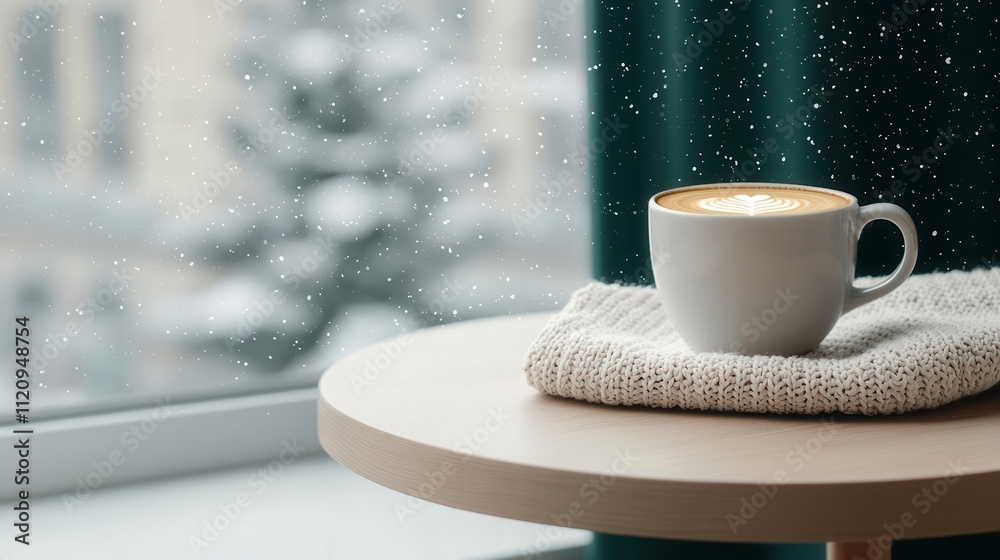 Coffee shop with knitted throws, soft lighting, and snow falling outside, winter knit cafe, cozy, warm Coffee shop with knitted throws, soft lighting, and snow falling outside, winter knit cafe, cozy, warm