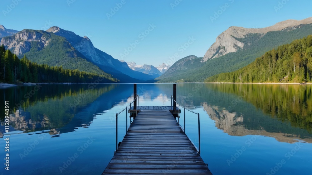 Serene Lake Macdonald in Queensyke, Canada, Majestic Rocky Mountains and Calm Water Reflection - Picturesque Wooden Dock and Tranquil Nature Scene Serene Lake Macdonald in Queensyke, Canada, Majestic Rocky Mountains and Calm Water Reflection - Picturesque Wooden Dock and Tranquil Nature Scene