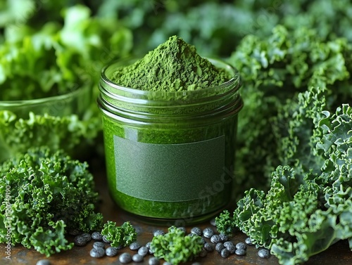 A vibrant green jar filled with powdered greens sits among fresh kale and leafy vegetables, highlighting a healthy, natural lifestyle.