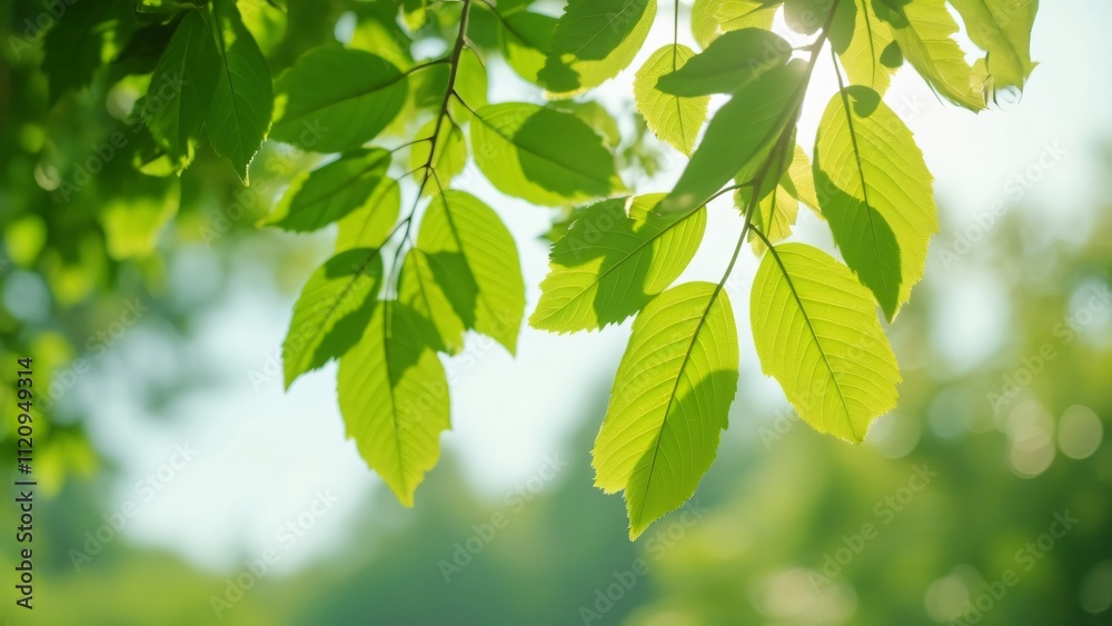 Vibrant Green Leaves Hanging From Branches, Sunlit Nature Photography with Soft Focus and Copy Space Vibrant Green Leaves Hanging From Branches, Sunlit Nature Photography with Soft Focus and Copy Space