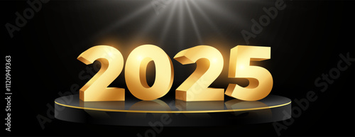 3d golden 2025 new year banner with empty podium stand