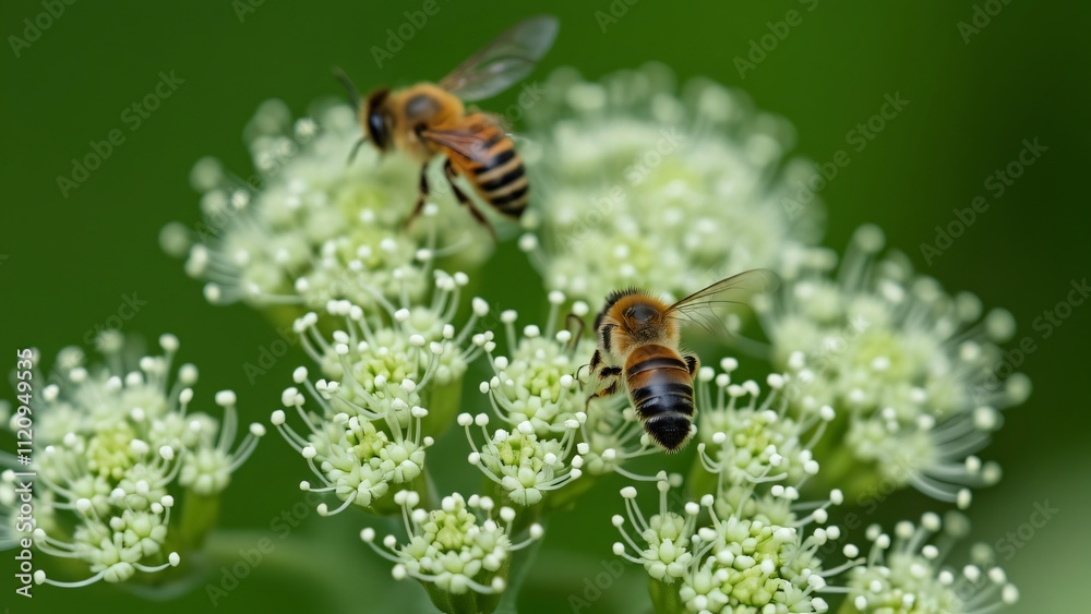 Close-up of Honeybees Pollinating Delicate White Fennel Flowers Close-up of Honeybees Pollinating Delicate White Fennel Flowers