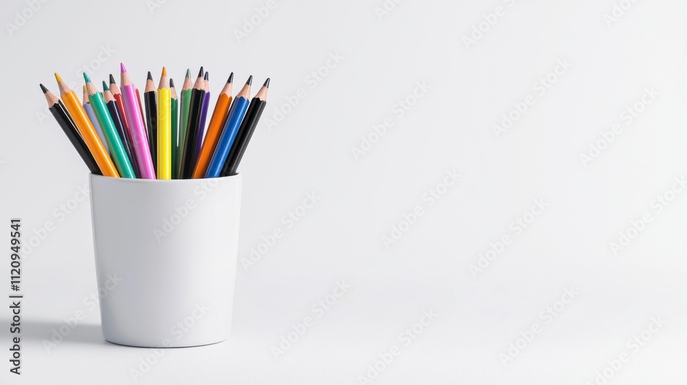 A Vibrant Collection of Colorful Pencils in a White Pot on a Light Background Ideal for Creative Projects and Art Supplies Imagery A Vibrant Collection of Colorful Pencils in a White Pot on a Light Background Ideal for Creative Projects and Art Supplies Imagery