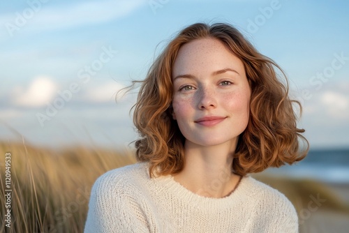 A young woman with curly hair smiles in a natural outdoor setting.